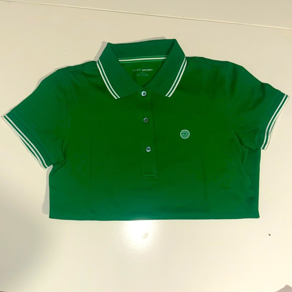 Tory Sport Women's XS GreenWhite Pique Collared Polo Shirt Top Golf Country Club